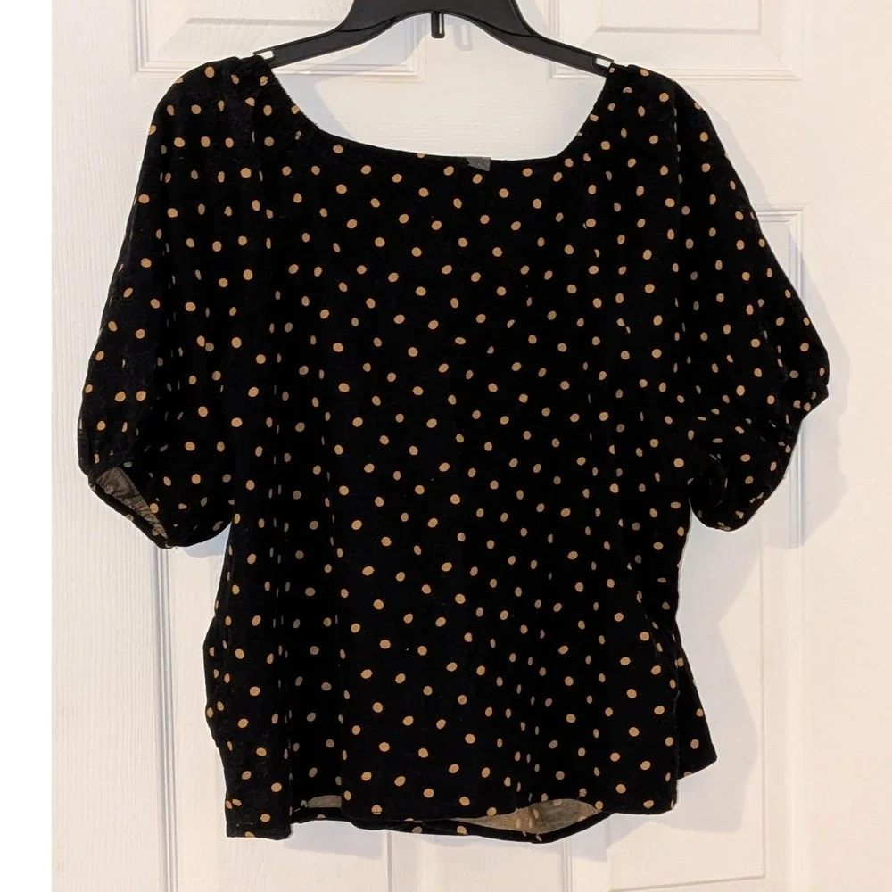 Madewell Black Polka Dot Corduroy Top Side Button Short Puff Sleeve XL NWOT